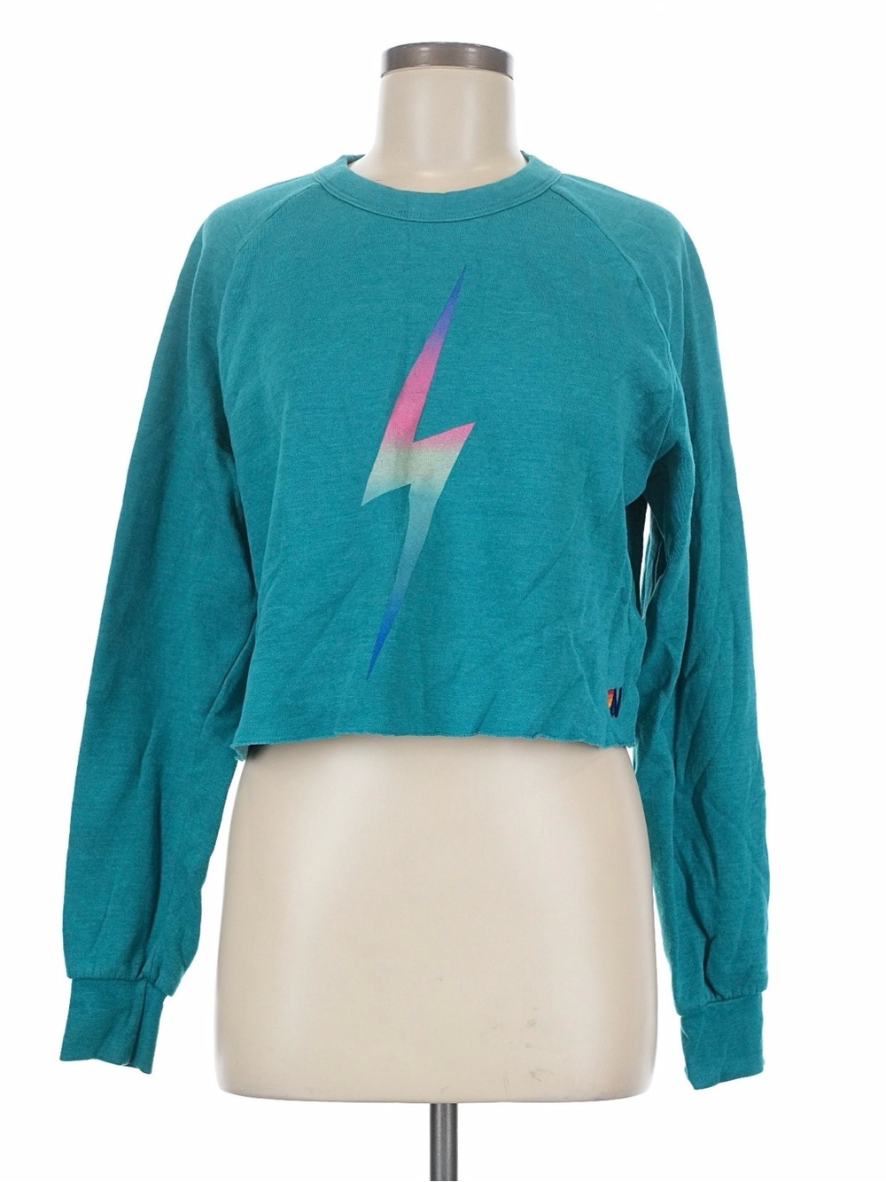 Aviator Nation Teal Cropped Sweatshirt with Gradient Lightning Bolt